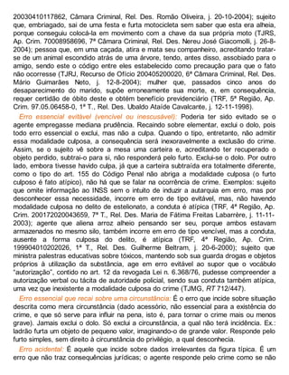 20030410117862, Câmara Criminal, Rel. Des. Romão Oliveira, j. 20-10-2004); sujeito
que, embriagado, sai de uma festa e furta motocicleta sem saber que esta era alheia,
porque conseguiu colocá-la em movimento com a chave da sua própria moto (TJRS,
Ap. Crim. 70008958696, 7ª Câmara Criminal, Rel. Des. Nereu José Giacomolli, j. 26-8-
2004); pessoa que, em uma caçada, atira e mata seu companheiro, acreditando tratar-
se de um animal escondido atrás de uma árvore, tendo, antes disso, assobiado para o
amigo, sendo este o código entre eles estabelecido como precaução para que o fato
não ocorresse (TJRJ, Recurso de Ofício 200405200020, 6ª Câmara Criminal, Rel. Des.
Mário Guimarães Neto, j. 12-8-2004); mulher que, passados cinco anos do
desaparecimento do marido, supõe erroneamente sua morte, e, em consequência,
requer certidão de óbito deste e obtém benefício previdenciário (TRF, 5ª Região, Ap.
Crim. 97.05.06458-0, 1ª T., Rel. Des. Ubaldo Ataíde Cavalcante, j. 12-11-1998).
Erro essencial evitável (vencível ou inescusável): Poderia ter sido evitado se o
agente empregasse mediana prudência. Recaindo sobre elementar, exclui o dolo, pois
todo erro essencial o exclui, mas não a culpa. Quando o tipo, entretanto, não admitir
essa modalidade culposa, a consequência será inexoravelmente a exclusão do crime.
Assim, se o sujeito vê sobre a mesa uma carteira e, acreditando ter recuperado o
objeto perdido, subtrai-o para si, não responderá pelo furto. Exclui-se o dolo. Por outro
lado, embora tivesse havido culpa, já que a carteira subtraída era totalmente diferente,
como o tipo do art. 155 do Código Penal não abriga a modalidade culposa (o furto
culposo é fato atípico), não há que se falar na ocorrência de crime. Exemplos: sujeito
que omite informação ao INSS sem o intuito de induzir a autarquia em erro, mas por
desconhecer essa necessidade, incorre em erro de tipo evitável, mas, não havendo
modalidade culposa no delito de estelionato, a conduta é atípica (TRF, 4ª Região, Ap.
Crim. 200172020043659, 7ª T., Rel. Des. Maria de Fátima Freitas Labarrère, j. 11-11-
2003); agente que aliena arroz alheio pensando ser seu, porque ambos estavam
armazenados no mesmo silo, também incorre em erro de tipo vencível, mas a conduta,
ausente a forma culposa do delito, é atípica (TRF, 4ª Região, Ap. Crim.
199904010202026, 1ª T., Rel. Des. Guilherme Beltram, j. 20-6-2000); sujeito que
ministra palestras educativas sobre tóxicos, mantendo sob sua guarda drogas e objetos
próprios à utilização da substância, age em erro evitável ao supor que o vocábulo
“autorização”, contido no art. 12 da revogada Lei n. 6.368/76, pudesse compreender a
autorização verbal ou tácita de autoridade policial, sendo sua conduta também atípica,
uma vez que inexistente a modalidade culposa do crime (TJMG, RT 712/447).
Erro essencial que recai sobre uma circunstância: É o erro que incide sobre situação
descrita como mera circunstância (dado acessório, não essencial para a existência do
crime, e que só serve para influir na pena, isto é, para tornar o crime mais ou menos
grave). Jamais exclui o dolo. Só exclui a circunstância, a qual não terá incidência. Ex.:
ladrão furta um objeto de pequeno valor, imaginando-o de grande valor. Responde pelo
furto simples, sem direito à circunstância do privilégio, a qual desconhecia.
Erro acidental: É aquele que incide sobre dados irrelevantes da figura típica. É um
erro que não traz consequências jurídicas; o agente responde pelo crime como se não
 