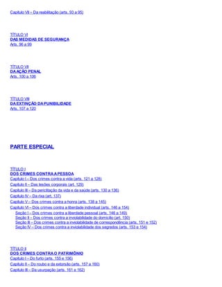 Capítulo VII – Da reabilitação (arts. 93 a 95)
TÍTULO VI
DAS MEDIDAS DE SEGURANÇA
Arts. 96 a 99
TÍTULO VII
DAAÇÃO PENAL
Arts. 100 a 106
TÍTULO VIII
DAEXTINÇÃO DAPUNIBILIDADE
Arts. 107 a 120
PARTE ESPECIAL
TÍTULO I
DOS CRIMES CONTRAAPESSOA
Capítulo I – Dos crimes contra a vida (arts. 121 a 128)
Capítulo II – Das lesões corporais (art. 129)
Capítulo III – Da periclitação da vida e da saúde (arts. 130 a 136)
Capítulo IV – Da rixa (art. 137)
Capítulo V – Dos crimes contra a honra (arts. 138 a 145)
Capítulo VI – Dos crimes contra a liberdade individual (arts. 146 a 154)
Seção I – Dos crimes contra a liberdade pessoal (arts. 146 a 149)
Seção II – Dos crimes contra a inviolabilidade do domicílio (art. 150)
Seção III – Dos crimes contra a inviolabilidade de correspondência (arts. 151 e 152)
Seção IV – Dos crimes contra a inviolabilidade dos segredos (arts. 153 e 154)
TÍTULO II
DOS CRIMES CONTRAO PATRIMÔNIO
Capítulo I – Do furto (arts. 155 e 156)
Capítulo II – Do roubo e da extorsão (arts. 157 a 160)
Capítulo III – Da usurpação (arts. 161 e 162)
 