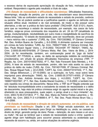 o excesso deriva de equivocada apreciação da situação de fato, motivada por erro
evitável. Responderá o agente pelo resultado a título de culpa.
(11) Estado de necessidade e dificuldades econômicas: Dificuldades financeiras,
desemprego, situação de penúria, por si sós, não caracterizam essa descriminante.
Nessa linha: “não se confundem estado de necessidade e estado de precisão, carência
ou penúria. Tão só poderá aceitar-se a justificativa quando o agente se defronte com
situação aflitiva atual, inevitável e de real seriedade, de modo a não possuir outra
alternativa, a não ser a prática do fato típico proibido” (TACrimSP, RJD 3/121). Assim,
para que se reconheça o estado de necessidade, por exemplo, nos casos de furto
famélico, exige-se prova convincente dos requisitos do art. 24 do CP (atualidade do
perigo, involuntariedade, inevitabilidade por outro modo e inexigibilidade de sacrifício do
direito ameaçado). “O estado de necessidade, para ser reconhecido, deve ser provado
– mera retórica não o sustenta” (TJRS, Ap. Crim. 70013303862, 5ª Câmara Criminal,
Rel. Des. Amilton Bueno de Carvalho, j. 8-2-2006). A dirimente costuma ser invocada
em crimes de furto famélico: TJRS, Ap. Crim. 70004771846, 5ª Câmara Criminal, Rel.
Des. Paulo Moacir Aguiar Vieira, j. 21-8-2002; TACrimSP, RT 785/621; TAMG, Ap.
Crim. 2.0000.00.4451916/000, 2ª Câmara Mista, Rel. Des. Vieira de Brito, j. 28-9-
2004. Já foi reconhecida, também, em contravenção penal do “jogo do bicho”
(TACrimSP, RT 775/624) e, ainda, no delito de apropriação indébita de contribuição
previdenciária, em virtude de graves dificuldades financeiras da empresa (TRF, 1ª
Região, Ap. Crim. 200101000219202, 4ª T., Rel. Ítalo Fioravanti Sato Mendes, j. 4-5-
2004). A tese de estado de necessidade, porém, não tem sido aceita no caso de
prática do delito de roubo (TJRS, Ap. Crim. 70014017099, 8ª Câmara Criminal, Rel.
Des. Roque Miguel Fank, j. 22-2-2006; TJDFT, Ap. Crim. 20040710147434, 1ª T., Rel.
Des. Sérgio Bittencourt, j. 27-10-2005); se a subtração, no furto, recai sobre bens
impróprios para alimentação: TAMG, Ap. Crim. 2.0000.00.377071-4/000, 2ª Câmara
Mista, Rel. Des. Antônio Armando dos Anjos, j. 4-2-2003; TJDFT, Ap. Crim.
19980710037067, 2ª T., Rel. Des. Eutália Maciel Coutinho, j. 11-9-2002; e também tem
sido repelida nos crimes de descaminho. Nessa linha, o TRF da 4ª Região entende que
há “absoluta incompatibilidade entre a excludente do estado de necessidade e o delito
de descaminho, haja vista tal prática criminosa exigir do agente capital inicial e de giro,
afastando os seus pressupostos, quais sejam, o perigo atual e o risco iminente”: Ap.
Crim. 2003.72.00.012138-8, 7ª T., Rel. Des. Maria de Fátima Freitas Labarrère, j. 18-
4-2006; Ap. Crim. 2003.71.0 4.018688-4, 8ª T., Rel. Des. Paulo Afonso Brum Vaz, j.
19-4-2006.
(12) Estado de necessidade e direção de veículo automotor, em via pública, sem
permissão ou habilitação: Dispõe o art. 309: “Dirigir veículo automotor, em via
pública, sem a devida Permissão para Dirigir ou Habilitação ou, ainda, se cassado o
direito de dirigir, gerando perigo de dano: Penas – detenção, de seis meses a um ano,
ou multa”. Há que se lembrar que o estado de necessidade exclui o crime: quando o
agente dirige sem habilitação para socorrer pessoa adoentada ou acidentada que
necessite de socorro ou, ainda, em outras situações de extrema urgência.
 
