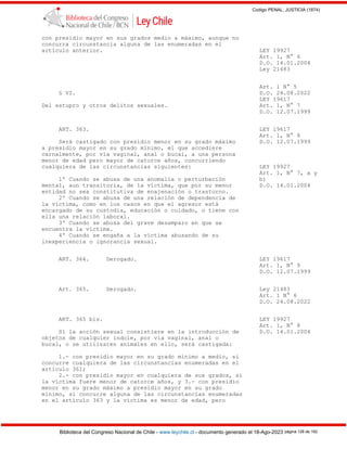 Codigo PENAL, JUSTICIA (1874)
Biblioteca del Congreso Nacional de Chile - www.leychile.cl - documento generado el 18-Ago-2023 página 128 de 192
con presidio mayor en sus grados medio a máximo, aunque no
concurra circunstancia alguna de las enumeradas en el
artículo anterior. LEY 19927
Art. 1, N° 6
D.O. 14.01.2004
Ley 21483
Art. 1 N° 5
§ VI. D.O. 24.08.2022
LEY 19617
Del estupro y otros delitos sexuales. Art. 1, N° 7
D.O. 12.07.1999
ART. 363. LEY 19617
Art. 1, N° 8
Será castigado con presidio menor en su grado máximo D.O. 12.07.1999
a presidio mayor en su grado mínimo, el que accediere
carnalmente, por vía vaginal, anal o bucal, a una persona
menor de edad pero mayor de catorce años, concurriendo
cualquiera de las circunstancias siguientes: LEY 19927
Art. 1, N° 7, a y
1º Cuando se abusa de una anomalía o perturbación b)
mental, aun transitoria, de la víctima, que por su menor D.O. 14.01.2004
entidad no sea constitutiva de enajenación o trastorno.
2º Cuando se abusa de una relación de dependencia de
la víctima, como en los casos en que el agresor está
encargado de su custodia, educación o cuidado, o tiene con
ella una relación laboral.
3º Cuando se abusa del grave desamparo en que se
encuentra la víctima.
4º Cuando se engaña a la víctima abusando de su
inexperiencia o ignorancia sexual.
ART. 364. Derogado. LEY 19617
Art. 1, N° 9
D.O. 12.07.1999
Art. 365. Derogado. Ley 21483
Art. 1 N° 6
D.O. 24.08.2022
ART. 365 bis. LEY 19927
Art. 1, N° 8
Si la acción sexual consistiere en la introducción de D.O. 14.01.2004
objetos de cualquier índole, por vía vaginal, anal o
bucal, o se utilizaren animales en ello, será castigada:
1.- con presidio mayor en su grado mínimo a medio, si
concurre cualquiera de las circunstancias enumeradas en el
artículo 361;
2.- con presidio mayor en cualquiera de sus grados, si
la víctima fuere menor de catorce años, y 3.- con presidio
menor en su grado máximo a presidio mayor en su grado
mínimo, si concurre alguna de las circunstancias enumeradas
en el artículo 363 y la víctima es menor de edad, pero
 