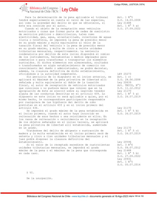 Codigo PENAL, JUSTICIA (1874)
Biblioteca del Congreso Nacional de Chile - www.leychile.cl - documento generado el 18-Ago-2023 página 168 de 192
Para la determinación de la pena aplicable el tribunal Art. 1 N°5
tendrá especialmente en cuenta el valor de las especies, D.O. 14.03.2008
así como la gravedad del delito en que se obtuvieron, si Ley 21488
éste era conocido por el autor. Art. 1 N° 5 a)
Cuando el objeto de la receptación sean vehículos D.O. 27.09.2022
motorizados o cosas que forman parte de redes de suministro
de servicios públicos o domiciliarios, tales como
electricidad, gas, agua, alcantarillado, colectores de aguas
lluvia o telefonía, se impondrá la pena de presidio menor
en su grado máximo y multa equivalente al valor de la
tasación fiscal del vehículo o la pena de presidio menor
en su grado máximo, y multa de cinco a veinte unidades
tributarias mensuales, respectivamente. La sentencia
condenatoria por delitos de este inciso dispondrá el comiso
de los instrumentos, herramientas o medios empleados para
cometerlos o para transformar o transportar los elementos
sustraídos. Si dichos elementos son almacenados, ocultados
o transformados en algún establecimiento de comercio con
conocimiento del dueño o administrador, se podrá decretar,
además, la clausura definitiva de dicho establecimiento,
oficiándose a la autoridad competente. LEY 20273
Sin perjuicio de lo dispuesto en el inciso anterior, se Art. 1 c)
aplicará el máximum de la pena privativa de libertad allí D.O. 28.06.2008
señalada y multa equivalente al doble de la tasación Ley 20639
fiscal, al autor de receptación de vehículos motorizados Art. ÚNICO, N°3
que conociere o no pudiere menos que conocer que en la D.O. 11.12.2012
apropiación de éste se ejerció sobre su legítimo tenedor Ley 21170
alguna de las conductas descritas en el artículo 439. Lo Art. 1 N° 5 a)
dispuesto en este inciso no será aplicable a quien, por el D.O. 26.07.2019
mismo hecho, le correspondiere participación responsable
por cualquiera de las hipótesis del delito de robo
previstas en el artículo 433 y en el inciso primero del
artículo 436. Ley 21170
Se impondrá el grado máximo de la pena establecida en Art. 1 N° 5 b)
el inciso primero, cuando el autor haya incurrido en D.O. 26.07.2019
reiteración de esos hechos o sea reincidente en ellos. En
los casos de reiteración o reincidencia en la receptación
de los objetos señalados en el inciso tercero, se aplicará
la pena privativa de libertad allí establecida, aumentada
en un grado. Ley 21170
Tratándose del delito de abigeato o sustracción de Art. 1 N° 5 c)
madera y la multa establecida en el inciso primero será de D.O. 26.07.2019
setenta y cinco a cien unidades tributarias mensuales y el
juez podrá disponer la clausura definitiva del
establecimiento. Ley 20596
Si el valor de lo receptado excediere de cuatrocientas Art. 3 N°6
unidades tributarias mensuales, se impondrá el grado D.O. 04.07.2012
máximo de la pena o el máximun de la pena que corresponda Ley 21488
en cada caso. Art. 1 N° 5 b)
D.O. 27.09.2022
Ley 20931
Art. 1 N°5
D.O. 05.07.2016
§ VI.
De la usurpación.
 