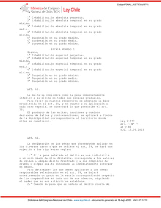 Codigo PENAL, JUSTICIA (1874)
Biblioteca del Congreso Nacional de Chile - www.leychile.cl - documento generado el 18-Ago-2023 página 27 de 192
1° Inhabilitación absoluta perpetua.
2° Inhabilitación absoluta temporal en su grado
máximo.
3° Inhabilitación absoluta temporal en su grado
medio.
4° Inhabilitación absoluta temporal en su grado
mínimo.
5° Suspensión en su grado máximo.
6° Suspensión en su grado medio.
7° Suspensión en su grado mínimo.
ESCALA NUMERO 5
Grados.
1° Inhabilitación especial perpetua.
2° Inhabilitación especial temporal en su grado
máximo.
3° Inhabilitación especial temporal en su grado
medio.
4° Inhabilitación especial temporal en su grado
mínimo.
5° Suspensión en su grado máximo.
6° Suspensión en su grado medio.
7° Suspensión en su grado mínimo.
ART. 60.
La multa se considera como la pena inmediatamente
inferior a la última en todas las escalas graduales.
Para fijar su cuantía respectiva se adoptará la base
establecida en el art. 25, y en cuanto a su aplicación a
cada caso especial se observará lo que prescribe el art.
70.
El producto de las multas, cauciones y comisos
derivados de faltas y contravenciones, se aplicará a fondos
de la Municipalidad correspondiente al territorio donde
ellas se cometieron. Ley 21577
Art. 1 Nº 7
a) y b)
D.O. 15.06.2023
ART. 61.
La designación de las penas que corresponde aplicar en
los diversos casos a que se refiere el art. 59, se hará con
sujeción a las siguientes reglas:
1.° Si la pena señalada al delito es una indivisible
o un solo grado de otra divisible, corresponde a los autores
de crimen o simple delito frustrado y a los cómplices de
crimen o simple delito consumado la inmediatamente inferior
en grado.
Para determinar las que deben aplicarse a los demás
responsables relacionados en el art. 59, se bajará
sucesivamente un grado en la escala correspondiente respecto
de los comprendidos en cada uno de sus números, siguiendo
el orden que en ese artículo se establece.
2.° Cuando la pena que se señala al delito consta de
 