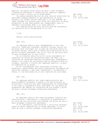 Codigo PENAL, JUSTICIA (1874)
Biblioteca del Congreso Nacional de Chile - www.leychile.cl - documento generado el 18-Ago-2023 página 89 de 192
pública, las penas serán multa de seis a diez unidades
tributarias mensuales e inhabilitación especial temporal
para el cargo u oficio en su grado medio. LEY 19450
Las penas establecidas en los dos incisos anteriores se Art. 1 d)
aplicarán respectivamente al que abandonare un cargo D.O. 18.03.1996
concejil sin alegar excusa legítima, y al que después de
haber alegado tal excusa, pero antes de trascurrir un plazo
prudencial en que haya podido ser reemplazado, hace el
abandono ocasionando daño a la causa pública.
Las disposiciones de este artículo han de entenderse
sin perjuicio de lo establecido en el 135.
§ XII.
Abusos contra particulares.
ART. 255. Ley 20968
Art. 1 N°6
El empleado público que, desempeñando un acto del D.O. 22.11.2016
servicio, cometiere cualquier vejación injusta contra las
personas será castigado con la pena de reclusión menor en
su grado mínimo, salvo que el hecho sea constitutivo de un
delito de mayor gravedad, caso en el cual se aplicará sólo
la pena asignada por la ley a éste.
Si la conducta descrita en el inciso precedente se
cometiere en contra de una persona menor de edad o en
situación de vulnerabilidad por discapacidad, enfermedad o
vejez; o en contra de una persona que se encuentre bajo el
cuidado, custodia o control del empleado público, la pena
se aumentará en un grado.
No se considerarán como vejaciones injustas las
molestias o penalidades que sean consecuencia únicamente de
sanciones legales, o que sean inherentes o incidentales a
éstas, ni las derivadas de un acto legítimo de autoridad.
ART. 256. Ley 20968
Art. 1 N°7
El empleado público del orden administrativo que D.O. 22.11.2016
maliciosamente retardare o negare a los particulares la
protección o servicio que deba dispensarles en conformidad
a las leyes y reglamentos será castigado con las penas de
suspensión del empleo en cualquiera de sus grados y multa
de once a veinte unidades tributarias mensuales.
ART. 257.
El empleado público que arbitrariamente rehusare dar
certificación o testimonio, o impidiere la presentación o
el curso de una solicitud, será penado con multa de seis a
diez unidades tributarias mensuales. LEY 19450
Si el testimonio, certificación o solicitud versaren Art. 1 d)
sobre un abuso cometido por el mismo empleado, la multa D.O. 18.03.1996
será de once a veinte unidades tributarias mensuales. LEY 19450
Art. 1 i)
D.O. 18.03.1996
 
