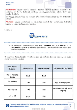 12
39
Via Coletora - aquela destinada a coletar e distribuir o trânsito que tenha necessidade de
entrar ou sair das vias de trânsito rápido ou arteriais, possibilitando o trânsito dentro das
regiões da cidade.
Ex: As ruas de sua cidade que começam e/ou terminam nas avenidas ou vias de trânsito
rápido.
Via Local - aquela caracterizada por interseções em nível não semaforizadas, destinada
apenas ao acesso local ou a áreas restritas.
E atenção:
Os elementos caracterizadores das VIAS URBANAS são o SEMÁFORO e o
CRUZAMENTO (interseção em nível), os quais têm a função de retardar o trânsito em
determinado sentido.
O quadrinho abaixo, também retirado da obra do professor Leandro Macedo, nos ajuda a
memorizar melhor essa dica:
Tipos de Vias
Urbanas Há semáforo? Há cruzamento? Característica adicional
Via de Trânsito
Rápido
NÃO NÃO
Via Arterial
SIM SIM Liga bairros (região)
Via Coletora SIM SIM
Está dentro de um bairro
(região)
Via Local NÃO SIM
Marcos Girão
Aula 00
Código de Trânsito Brasileiro p/ DETRAN-SP (Agente Estadual de Trânsito) Com Videoaulas - Pós-Edital
www.estrategiaconcursos.com.br
0
00000000000 - DEMO
 