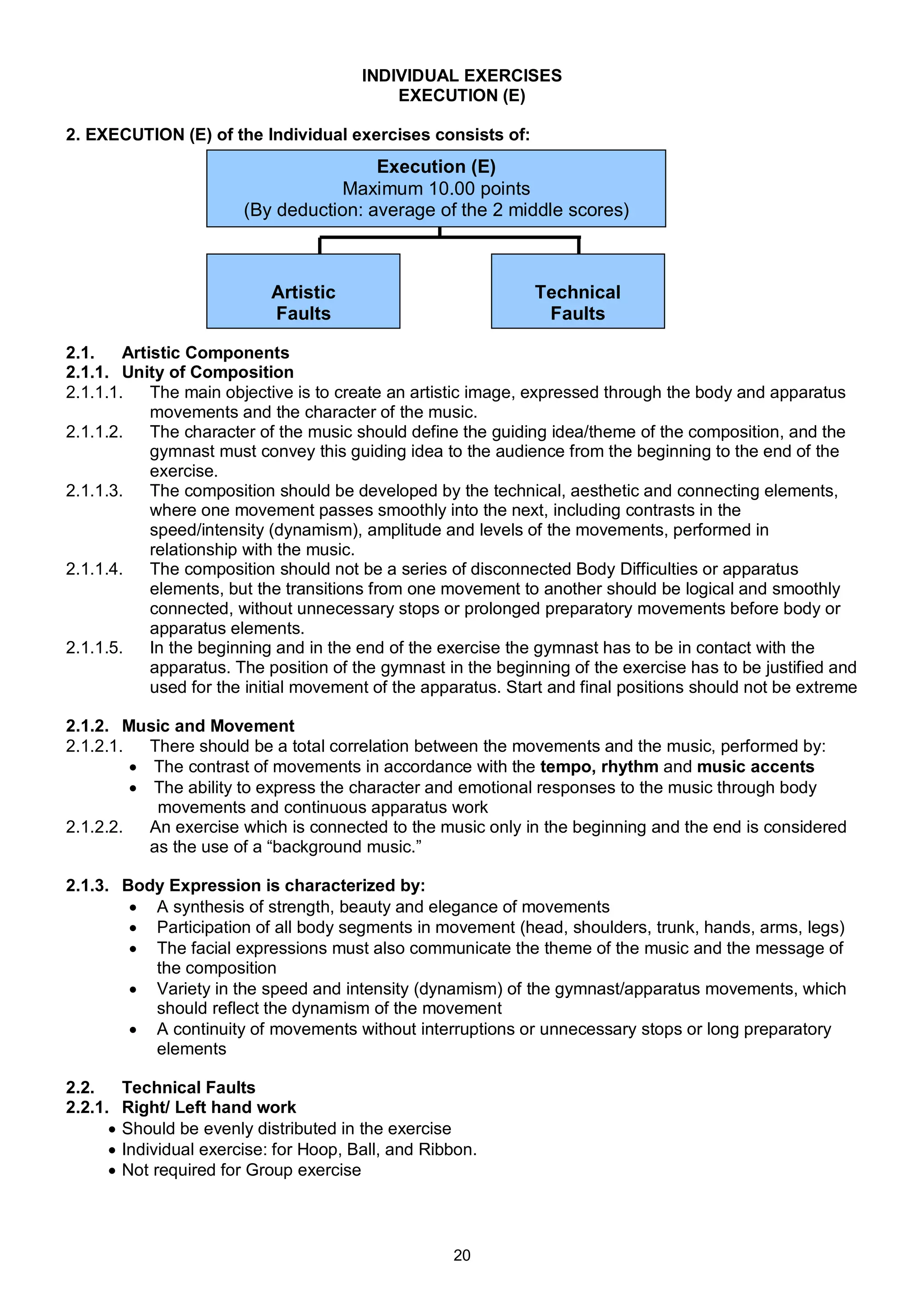INDIVIDUAL EXERCISES
                                              EXECUTION (E)

2. EXECUTION (E) of the Individual exercises consists of:
                                          Execution (E)
                                     Maximum 10.00 points
                          (By deduction: average of the 2 middle scores)



                              Artistic                         Technical
                              Faults                            Faults

2.1.    Artistic Components
2.1.1. Unity of Composition
2.1.1.1.    The main objective is to create an artistic image, expressed through the body and apparatus
            movements and the character of the music.
2.1.1.2.    The character of the music should define the guiding idea/theme of the composition, and the
            gymnast must convey this guiding idea to the audience from the beginning to the end of the
            exercise.
2.1.1.3.    The composition should be developed by the technical, aesthetic and connecting elements,
            where one movement passes smoothly into the next, including contrasts in the
            speed/intensity (dynamism), amplitude and levels of the movements, performed in
            relationship with the music.
2.1.1.4.    The composition should not be a series of disconnected Body Difficulties or apparatus
            elements, but the transitions from one movement to another should be logical and smoothly
            connected, without unnecessary stops or prolonged preparatory movements before body or
            apparatus elements.
2.1.1.5.    In the beginning and in the end of the exercise the gymnast has to be in contact with the
            apparatus. The position of the gymnast in the beginning of the exercise has to be justified and
            used for the initial movement of the apparatus. Start and final positions should not be extreme

2.1.2. Music and Movement
2.1.2.1.   There should be a total correlation between the movements and the music, performed by:
          The contrast of movements in accordance with the tempo, rhythm and music accents
          The ability to express the character and emotional responses to the music through body
            movements and continuous apparatus work
2.1.2.2.   An exercise which is connected to the music only in the beginning and the end is considered
           as the use of a “background music.”

2.1.3. Body Expression is characterized by:
         A synthesis of strength, beauty and elegance of movements
         Participation of all body segments in movement (head, shoulders, trunk, hands, arms, legs)
         The facial expressions must also communicate the theme of the music and the message of
          the composition
         Variety in the speed and intensity (dynamism) of the gymnast/apparatus movements, which
          should reflect the dynamism of the movement
         A continuity of movements without interruptions or unnecessary stops or long preparatory
          elements

2.2.      Technical Faults
2.2.1.    Right/ Left hand work
         Should be evenly distributed in the exercise
         Individual exercise: for Hoop, Ball, and Ribbon.
         Not required for Group exercise



                                                      20
 