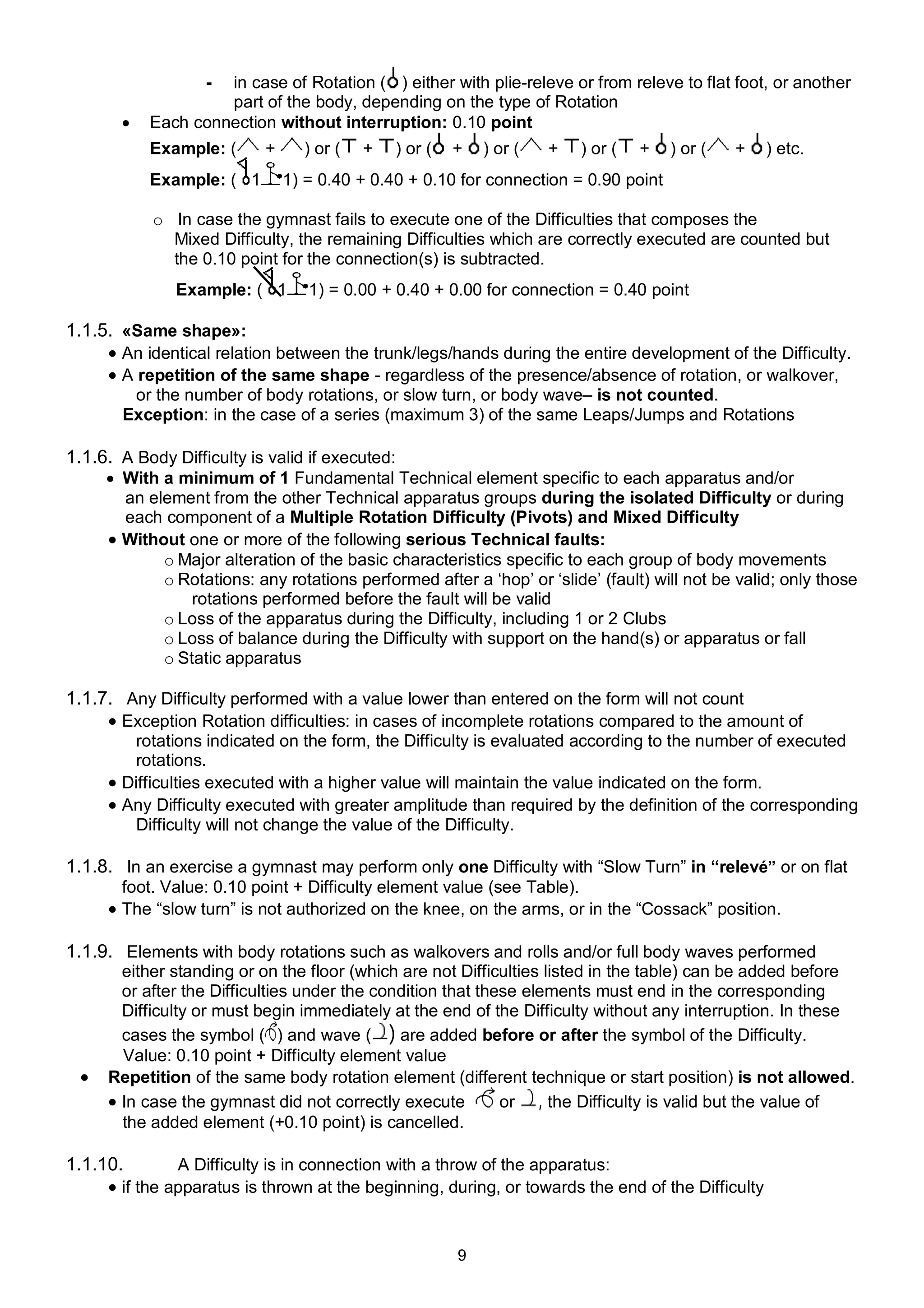 -in case of Rotation ( ) either with plie-releve or from releve to flat foot, or another
                    part of the body, depending on the type of Rotation
          Each connection without interruption: 0.10 point
           Example: (      +     ) or (   +   ) or (   +   ) or (   +   ) or (   +   ) or (   +    ) etc.
           Example: ( 1        1) = 0.40 + 0.40 + 0.10 for connection = 0.90 point

            o In case the gymnast fails to execute one of the Difficulties that composes the
              Mixed Difficulty, the remaining Difficulties which are correctly executed are counted but
              the 0.10 point for the connection(s) is subtracted.
               Example: ( 1       1) = 0.00 + 0.40 + 0.00 for connection = 0.40 point

1.1.5. «Same shape»:
      An identical relation between the trunk/legs/hands during the entire development of the Difficulty.
      A repetition of the same shape - regardless of the presence/absence of rotation, or walkover,
        or the number of body rotations, or slow turn, or body wave– is not counted.
       Exception: in the case of a series (maximum 3) of the same Leaps/Jumps and Rotations

1.1.6. A Body Difficulty is valid if executed:
      With a minimum of 1 Fundamental Technical element specific to each apparatus and/or
       an element from the other Technical apparatus groups during the isolated Difficulty or during
       each component of a Multiple Rotation Difficulty (Pivots) and Mixed Difficulty
      Without one or more of the following serious Technical faults:
            o Major alteration of the basic characteristics specific to each group of body movements
            o Rotations: any rotations performed after a ‘hop’ or ‘slide’ (fault) will not be valid; only those
                rotations performed before the fault will be valid
            o Loss of the apparatus during the Difficulty, including 1 or 2 Clubs
            o Loss of balance during the Difficulty with support on the hand(s) or apparatus or fall
            o Static apparatus

1.1.7. Any Difficulty performed with a value lower than entered on the form will not count
      Exception Rotation difficulties: in cases of incomplete rotations compared to the amount of
        rotations indicated on the form, the Difficulty is evaluated according to the number of executed
        rotations.
      Difficulties executed with a higher value will maintain the value indicated on the form.
      Any Difficulty executed with greater amplitude than required by the definition of the corresponding
        Difficulty will not change the value of the Difficulty.

1.1.8. In an exercise a gymnast may perform only one Difficulty with “Slow Turn” in “relevé” or on flat
       foot. Value: 0.10 point + Difficulty element value (see Table).
      The “slow turn” is not authorized on the knee, on the arms, or in the “Cossack” position.

1.1.9. Elements with body rotations such as walkovers and rolls and/or full body waves performed
       either standing or on the floor (which are not Difficulties listed in the table) can be added before
       or after the Difficulties under the condition that these elements must end in the corresponding
       Difficulty or must begin immediately at the end of the Difficulty without any interruption. In these
       cases the symbol ( ) and wave ( ) are added before or after the symbol of the Difficulty.
       Value: 0.10 point + Difficulty element value
    Repetition of the same body rotation element (different technique or start position) is not allowed.
      In case the gymnast did not correctly execute         or , the Difficulty is valid but the value of
       the added element (+0.10 point) is cancelled.

1.1.10.        A Difficulty is in connection with a throw of the apparatus:
      if the apparatus is thrown at the beginning, during, or towards the end of the Difficulty


                                                       9
 