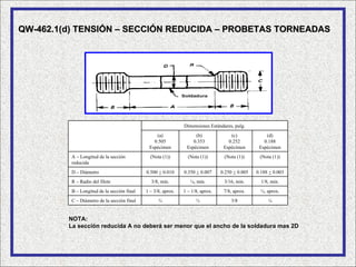 QW-462.1(d) TENSIÓN – SECCIÓN REDUCIDA – PROBETAS TORNEADAS




                                                               Dimensiones Estándares, pulg.
                                                 (a)                (b)              (c)             (d)
                                                0.505              0.353            0.252           0.188
                                              Espécimen         Espécimen         Espécimen       Espécimen
          A – Longitud de la sección           (Nota (1))        (Nota (1))       (Nota (1))      (Nota (1))
          reducida
          D – Diámetro                       0.500 + 0.010     0.350 + 0.007     0.250 + 0.005   0.188 + 0.003
          R – Radio del filete                 3/8, min.          ¼, min.         3/16, min.       1/8, min.
          B – Longitud de la sección final   1 – 3/8, aprox.   1 – 1/8, aprox.    7/8, aprox.      ½, aprox.
          C – Diámetro de la sección final         ¾                 ½                3/8             ¼


         NOTA:
         La sección reducida A no deberá ser menor que el ancho de la soldadura mas 2D
 