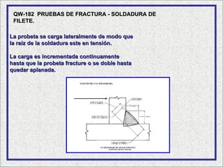 QW-182 PRUEBAS DE FRACTURA - SOLDADURA DE
 FILETE.

La probeta se carga lateralmente de modo que
la raíz de la soldadura este en tensión.

La carga es incrementada continuamente
hasta que la probeta fracture o se doble hasta
quedar aplanada.
 