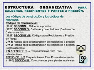 ESTRUCTURA                   ORGANIZATIVA
                                      PARA
CALDERAS, RECIPIENTES Y PARTES A PRESIÓN.

Los códigos de construcción y los códigos de
referencia.
Códigos de Construcción:
(1914) SECCION I: Calderas a presión.
(1923) SECCION IV: Calderas y calentadores (Calderas de
Calentamiento).
(1928) SECCION VIII: Códigos para Recipientes a Presión
sin fuego:
DIV 1: Reglas para la construcción de recipientes a presión.
DIV 2: Reglas para la construcción de recipientes a presión
(reglas alternas).
 EN APENDICE R ⇒ Requerimientos Para Pre-
calentamiento.
APENDICE UHT Requerimientos Para Post-calentamiento
 (1965) SECCION III: Componentes para plantas nucleares
 