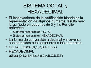 SISTEMA OCTAL y
             HEXADECIMAL
• El inconveniente de la codificación binaria es la
  representación de algunos números resulta muy
  larga (todo en cadenas de 0 y 1). Por ello
  aparecen:
  – Sistema numeración OCTAL
  – Sistema numeración HEXADECIMAL
• La forma de conversión a decimal y viceversa
  son parecidos a los anteriores a los anteriores.
• OCTAL utiliza (0,1,2,3,4,5,6,7)
• HEXADECIMAL
  utiliza (0,1,2,3,4,5,6,7,8,9,A,B,C,D,E,F)
 
