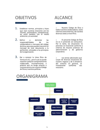 5
OBJETIVOS ALCANCE
1. Establecer normas, principios y leyes
que rijan nuestras relaciones con los
clientes, proveedores, competencias,
así como también con el medio
ambiente y la sociedad.
2. Definir y delimitar las
responsabilidades de los
colaboradores y mensajes del código
de ética,para que puedantransmitirel
mensaje de este documento a la
perfección, alineados a los principios
de la organización.
3. Dar a conocer la Línea Ética de
VenturaS.A.C.,porel cual se puede
reportarcualquiercomportamiento
inadecuado, incumplimiento o
práctica que no tenga relación o
inconsecuencia con nuestro Código
de Ética y nuestras políticas.
o Nuestro Código de Ética a
todosnuestroscolaboradores, tanto
internoscomoexternos, de nuestras
diversas sedes a nivel Perú.
o El presente Código de Ética
no es ni pretende ser exhaustivo.
Por lo tanto, las situaciones no
previstas se resolverán conforme a
criterios de mejores prácticas de
administración y de gobierno
corporativo.
o Los temas adicionales que
surjan de diversas situaciones de
nuestro negocio y de la dinámica
del entorno en general, se
incorporarán conforme sea
necesario.
ORGANIGRAMA
 