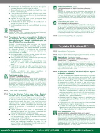 Elpídio Donizetti Nunes,  Diretor
ESCOLA NACIONAL DE MAGISTRATURA ESTADUAL –
ENAME
Integrante da comissão de juristas responsáveis pela elaboração do
anteprojeto do novo Código de Processo Civil, ex-desembargador do
Tribunal de Justiça do Estado de Minas Gerais, Mestre em Direito Processual
Civil pela PUC/MG, autor do Curso Didático de Direito Processual Civil
e o Curso Didático de Direito Civil. Diretor da Ename – Escola Nacional
da Magistratura Estadual. É também fundador do IED – Instituto Elpídio
Donizetti.
Gustavo Gonçalves Gomes,  Sócio
SIQUEIRA CASTRO ADVOGADOS
Graduado em Direito pela Pontifícia Universidade Católica do Rio de Janeiro,
mestre em Direito Processual Civil pela Pontifícia Universidade Católica
de São Paulo e doutorando em Direito Processual Civil pela Pontifícia
Universidade Católica de São Paulo. Membro do Instituto Brasileiro de
Direito Processual. Especialista em Direito Processual Civil, é o sócio
responsável pelo planejamento estratégico e práticas de gestão do Setor
Contencioso Empresarial (Cível e Trabalhista) do Escritório de São Paulo.
18h00	 Encerramento do 1º Dia do Congresso
www.informagroup.com.br/novocpc • Telefone: (11) 3017-6888 • E-mail: juridico@ibcbrasil.com.br
•	 Possibilidade de interposição do recurso de agravo
contra as decisões interlocutórias de mérito
•	 O conceito de sentença ligado às consequências e ao
recurso cabível (apelação)
•	 Carga dinâmica da prova: o poder auferido ao juiz para
alterar o regime de inversão dinâmica do ônus da prova
e impactos na advocacia
•	 Inversão do ônus da prova: como a empresa deve
enfrentar essa definição judicial
•	 A distribuição do ônus da prova de acordo com a
posição processual da parte
•	 A relativização a respeito da inadmissibilidade de provas
ilícitas
Brunno Giancoli,  Consultor Jurídico
VISEU ADVOGADOS
Professor de Direito Civil e Consumidor da Universidade Presbiteriana
Mackenzie, FIA e Complexo Jurídico Damásio de Jesus.
15h30	 Processos de Execução: Jurisprudências (Incidentes
de Resolução de Ações Repetitivas), Penhoras e
Aplicação Societária – Saibam Quais Implicações no
Novo CPC Irão Afetar estas Questões
Revisado constantemente pela comissão de juristas
formada para a formulação do novo CPC, alguns destes
pontos foram revistos e, até mesmo excluídos, da pauta
de discussão. Entenda a importância das alterações
no processo de execução e como isso impactará no
provisionamento da empresa.
•	 Penhora de salário e penhora on-line: porque este item
foi modificado no projeto do novo CPC?
•	 Particularidades do aspecto societário em processo de
execução judicial no novo Código
•	 Jurisprudência: valorização dos precedentes nos
tribunais – na prática, como sua empresa pode se valer
disso?
•	 Incidente de resolução de ações repetitivas: a empresa
sofre algum prejuízo com essa determinação no novo
CPC?
•	 Decisões vinculantes em casos repetitivos e
procedimentos para revisão da jurisprudência
Thais Matallo Cordeiro,  Sócia
SIQUEIRA CASTRO ADVOGADOS
Graduada pela Pontifícia Universidade Católica de São Paulo, pós-graduada
em Direito Empresarial pela Fundação Getúlio Vargas, mestranda em
Processo Civil pela Pontifícia Universidade Católica de São Paulo. Membro
da Associação de Advogados de São Paulo - AASP. Com mais de 10 anos
de experiência, é especialista em Direito Processual Civil e uma das sócias
responsáveis pelo Contencioso Cível Empresarial no Escritório Siqueira
Castro. Professora Assistente da Pontifícia Universidade Católica de São
Paulo (PUC/SP) em Processo Civil.
16h30	 Coffee Break e Networking
17h00	 Painel de Debates: Poderes dos Juízes - Existem
Impactos com as Mudanças Previstas no Novo CPC?
Muito do que foi discutido até hoje acerca do novo CPC
se deu por críticas pontuais infundadas ou inflamadas
ao aumento do poder dos juízes. Este painel tem como
objetivo analisar se tais modificações são realmente uma
novidade ou se é apenas uma certificação no código de
práticas já recorrentes e fundamentas no Código de
Processo Civil.
•	 Gestão processual pelo juízo: A possibilidade de
alteração de fases e atos processuais e supressão de
pressupostos processuais conforme a causa
•	 O fluxo de contencioso das empresas sofrerá alterações
com a celeridade em relação às decisões que os juízes
podem tomar em 1ª instância?
•	 Mudança real ou efetivação legal de práticas comuns?
Muitas das sugestões propostas no novo CPC já
ocorrem no dia a dia dos juristas. Haverá mudanças com
a determinação firmada no código?
08h30	 Recepção dos Participantes
08h50	 Abertura do 2º dia do Congresso pela Presidente de Mesa
Marcela Berger,  Coordenadora Jurídica
AZEVEDO RIOS, CAMARGO, SERAGINI E PRESTA
ADVOGADOS E CONSULTORES
Sócia Coordenadora do Departamento Consultivo e Tributário do escritório
Azevedo Rios, Berger, Camargo e Presta Advogados e Consultores - São
Paulo/SP Advogada militante em Direito Tributário. Pós-Graduada em
Direito Processual Civil pela PUC/SP. Especialista em Contratos de Consumo
pela Fundação Getúlio Vargas – GVlaw. Pós-Graduada em Direito Tributário
pela Fundação Getúlio Vargas – Gvlaw.
09h00	 Mudanças no Regime de Precatórios: Qual o Impacto
no Âmbito Empresarial?
Este ano, o Supremo Tribunal Federal derrubou grande parte
da emenda de 2009 que alterava a Constituição de 1988
sobre o regime de pagamento de precatórios pela União,
estados e municípios. Com isso, volta a obrigatoriedade
do pagamento imediato da dívida, o que extinguiria a
morosidade encontrada para que o credor recebesse. Mas,
para as empresas tal mudança pode ser benéfica? Entenda
sobre este assunto:
•	 As empresas se beneficiam com a derrubada da emenda
que previa o parcelamento e a redução de uma dívida
que deveria ser paga integralmente e de forma imediata?
•	 A empresa tem um valor a ser recebido: como deve
proceder com a queda da emenda?
•	 O ideal entra a nova regra e a anterior: a saída para uma
nova resolução mais satisfatória do ponto de vista judicial
e empresarial
•	 A discussão acerca do comprometimento da autoridade
judicial no atual regime dos precatórios
•	 As regras da Constituição de 1988 e a falta de sanção aos
devedores que não pagam os precatórios imediatamente:
afinal, algo mudará com o fim da emenda?
André Almeida Garcia,  Sócio
SCOLARI, GARCIA & OLIVEIRA FILHO ADVOGADOS
Formado pela Faculdade de Direito da Universidade de São Paulo em
2000, mestre e doutorando em Processo Civil pela Faculdade de Direito
da Universidade de São Paulo em 2005, membro do Instituto Brasileiro de
Direito Processual e do Movimento dos Advogados em Defesa dos Credores
Alimentares do Poder Público - MADECA, ex-coordenador da Sub-comissão
de Processo Civil da Comissão dos Novos Advogados do Instituto dos
Advogados de São Paulo – IASP. Autor de artigos publicados em revistas
especializadas e do livro “A Prova Civil – A cognição como instrumento da
efetividade do processo” (Ed. Saraiva, 2009).
Terça-feira, 30 de Julho de 2013
 