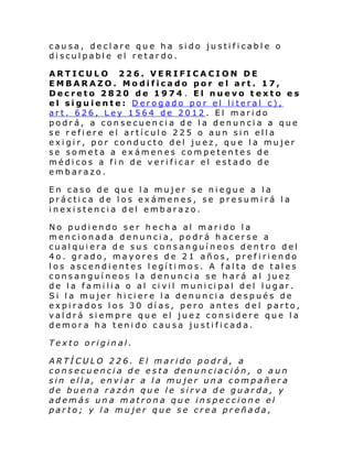 causa, declare que ha sido justificable o
disculpable el retardo.
ARTICULO 226. VERIFICACION DE
EMBARAZO. Modificado por el art. 17,
Decreto 2820 de 1974 . El nuevo texto es
el siguiente: Derogado por el literal c),
art. 626, Ley 1564 de 2012. El marido
podrá, a consecuencia de la denuncia a que
se refiere el artículo 225 o aun sin ella
exigir, por conducto del juez, que la mujer
se someta a exámenes competentes de
médicos a fin de verificar el estado de
embarazo.
En caso de que la mujer se niegue a la
práctica de los exámenes, se presumirá la
inexistencia del embarazo.
No pudiendo ser hecha al marido la
mencionada denuncia, podrá hacerse a
cualquiera de sus consanguíneos dentro del
4o. grado, mayores de 21 años, prefiriendo
los ascendientes legítimos. A falta de tales
consanguíneos la denuncia se hará al juez
de l a fami li a o al ci vil muni ci pal del l ugar.
Si la mujer hiciere la denuncia después de
expirados los 30 días, pero antes del parto,
valdrá siempre que el juez considere que la
demora ha tenido causa justificada.
Texto original.
ARTÍCULO 226. El marido podrá, a
consecuencia de esta denunciación, o aun
sin ella, enviar a la mujer una compañera
de buena razón que le sirva de guarda, y
además una matrona que inspeccione el
parto; y la mujer que se crea preñada,

 