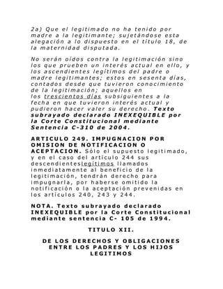 2a) Que el legitimado no ha tenido por
madre a la legitimante; sujetándose esta
alegación a lo dispuesto en el título 18, de
la maternidad disputada.
No serán oídos contra la legitimación sino
los que prueben un interés actual en ello, y
los ascendientes legítimos del padre o
madre legitimantes; estos en sesenta días,
contados desde que tuvieron conocimiento
de la legitimación; aquellos en
los trescientos días subsiguientes a la
fecha en que tuvieron interés actual y
pudieron hacer valer su derecho . Texto
subrayado declarado INEXEQUIBLE por
la Corte Constitucional mediante
Sentencia C-310 de 2004.
ARTICULO 249. IMPUGNACION POR
OMISION DE NOTIFICACION O
ACEPTACION. Sólo el supuesto legitimado,
y en el caso del artículo 244 sus
descendienteslegítimos llamados
inmediatamente al beneficio de la
legitimación, tendrán derecho para
impugnarla, por haberse omitido la
notificación o la aceptación prevenidas en
los artículos 240, 243 y 244.
NOTA. Texto subrayado declarado
INEXEQUIBLE por la Corte Constitucional
mediante sentencia C- 105 de 1994.
TITULO XII.
DE LOS DERECHOS Y OBLIGACIONES
ENTRE LOS PADRES Y LOS HIJOS
LEGITIMOS

 
