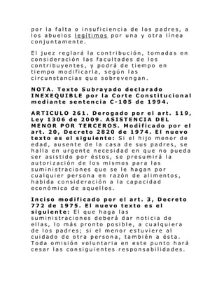 por la falta o insuficiencia de los padres, a
los abuelos legítimos por una y otra línea
conjuntamente.
El juez reglará la contribución, tomadas en
consideración las facultades de los
contribuyentes, y podrá de tiempo en
tiempo modificarla, según las
circunstancias que sobrevengan.
NOTA. Texto Subrayado declarado
INEXEQUIBLE por la Corte Constitucional
mediante sentencia C-105 de 1994.
ARTICULO 261. Derogado por el art. 119,
Ley 1306 de 2009. ASISTENCIA DEL
MENOR POR TERCEROS. Modificado por el
art. 20, Decreto 2820 de 1974. El nuevo
texto es el siguiente: Si el hijo menor de
edad, ausente de la casa de sus padres, se
halla en urgente necesidad en que no pueda
ser asistido por éstos, se presumirá la
autorización de los mismos para las
suministraciones que se le hagan por
cual qui er per sona en razón de al i mentos,
habida consideración a la capacidad
económica de aquellos.
Inciso modificado por el art. 3, Decreto
772 de 1975. El nuevo texto e s el
siguiente: El que haga las
suministraciones deberá dar noticia de
ellas, lo más pronto posible, a cualquiera
de los padres; si el menor estuviere al
cuidado de otra persona, también a ésta.
Toda omisión voluntaria en este punto hará
cesar las consigui entes responsabilidades.

 