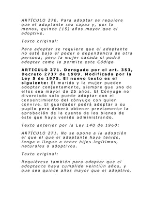 ARTÍCULO 270. Para adoptar se requiere
que el adoptante sea capaz y, por lo
menos, quince (15) años mayor que el
adoptivo.
Texto original:
Para adoptar se requiere que el adoptante
no esté bajo el poder o dependencia de otra
persona; pero la mujer casada sí podrá
adoptar como lo permite este Código
ARTICULO 271. Derogado por el art. 353,
Decreto 2737 de 1989 . Modificado por la
Ley 5 de 1975. El nuevo texto es el
siguiente: El marido y la mujer pueden
adoptar conjuntamente, siempre que uno de
ellos sea mayor de 25 años. El Cónyuge no
divorciado solo puede adoptar con el
consentimiento del cónyuge con quien
convive. El guardador podrá adoptar a su
pupilo pero deberá obtener previamente la
aprobación de la cuenta de los bienes de
éste que haya venido administrando .
Texto anterior por la Ley 140 de 1960:
ARTÍCULO 271. No se opone a la adopción
el que el que el adoptante haya tenido,
tenga o llegue a tener hijos legítimos,
naturales o adoptivos.
Texto original:
Requiérese también para adoptar que el
adoptante haya cumplido veintiún años, y
que sea quince años mayor que el adoptivo.

 