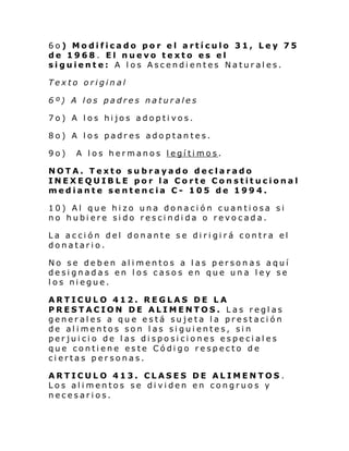 6o) Modificado por el artículo 31, Ley 75
de 1968. El nuevo texto es el
siguiente: A los Ascendientes Naturales.
Texto original
6º) A los padres naturales
7o) A los hijos adoptivos.
8o) A los padres adoptantes.
9o)

A los hermanos legítimos.

NOTA. Texto subrayado declarado
INEXEQUIBLE por la Corte Constitucional
mediante sentencia C- 105 de 1994.
10) Al que hizo una donación cuantiosa si
no hubiere sido rescindida o revocada.
La acción del donante se dirigirá contra el
donatario.
No se deben alimentos a las personas aquí
designadas en los casos en que una ley se
los niegue.
ARTICULO 412. REGLAS DE LA
PRESTACION DE ALIMENTOS. Las reglas
generales a que está sujeta la prestación
de alimentos son las siguientes, sin
perjuicio de las disposiciones especiales
que contiene este Código respecto de
ciertas personas.
ARTICULO 413. CLASES DE ALIMENTOS .
Los alimentos se dividen en congruos y
necesarios.

 