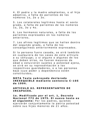 4. El padre y la madre adoptantes, o el hijo
adoptivo, a falta de parientes de los
números 1o, 2o y 3o.
5. Los colaterales legítimos hasta el sexto
grado, a falta de parientes de los números
1o, 2o, 3o y 4o.
6. Los hermanos naturales, a falta de los
parientes expresados en los números
anteriores.
7. Los afines legítimos que se hallen dentro
del segundo grado, a falta de los
consanguíneos anteriormente expresados.
Si la persona fuere casada, se oirá también
en cualquiera de los casos de este artículo
a su cónyuge; y si alguno o algunos de los
que deben oírse, no fueren mayores de
edad o estuvieren sujetos a potestad ajena,
se oirá en su representación a los
respectivos guardadores, o a las personas
bajo cuyo poder y dependencia estén
constituidos.
NOTA Texto subrayado declarado
INEXEQUIBLE mediante sentencia C-105
de 1994.
ARTICULO 62. REPRESENTANTES DE
INCAPACES.
1o. Modificado por el art. 1, Decreto
Nacional 772 de 1975. El nuevo texto es
el siguiente: Por los padres, quienes
ejercerán conjuntamente la patri a potestad
sobre sus hijos menores de 21 años.

 