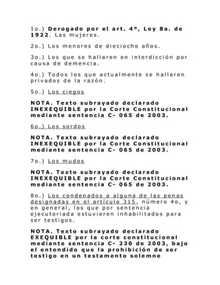 1o.) Derogado por el art. 4º, Ley 8a. de
1922. Las mujeres.
2o.) Los menores de dieciocho años.
3o.) Los que se hallaren en interdicción por
causa de demencia.
4o.) Todos los que actualmente se hallaren
privados de la razón.
5o.) Los ciegos
NOTA. Texto subrayado declarado
INEXEQUIBLE por la Corte Constitucional
mediante sentencia C- 065 de 2003.
6o.) Los sordos
NOTA. Texto subrayado declarado
INEXEQUIBLE por la Corte Constitucional
mediante sentencia C- 065 de 2003.
7o.) Los mudos
NOTA. Texto subrayado declarado
INEXEQUIBLE por la Corte Constitucional
mediante sentencia C- 065 de 2003.
8o.) Los condenados a alguna de las penas
designadas en el artículo 315, número 4o, y
en general, los que por sentencia
ejecutoriada estuvieren inhabilitados para
ser testigos.
NOTA. Texto subrayado declarado
EXEQUIBLE por la corte constitucional
mediante sentencia C- 230 de 2003, bajo
el entendido que la prohibición de ser
testigo en un testamento solemne

 