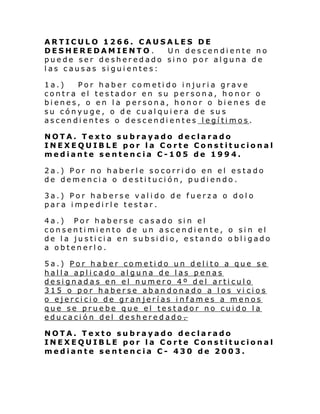 ARTICULO 1266. CAUSALES DE
DESHEREDAMIENTO.
Un descendiente no
puede ser desheredado sino por alguna de
las causas siguientes:
1a.)
Por haber cometido injuria grave
contra el testador en su persona, honor o
bienes, o en la persona, honor o bienes de
su cónyuge, o de cualquiera de sus
ascendientes o descendientes legítimos.
NOTA. Texto subrayado declarado
INEXEQUIBLE por la Corte Constitucional
mediante sentencia C-105 de 1994.
2a.) Por no haberle socorrido en el estado
de demencia o destitución, pudiendo.
3a.) Por haberse valido de fuerza o dolo
para impedirle testar.
4a.) Por haberse casado sin el
consentimiento de un ascendiente, o sin el
de la justicia en subsidio, estando obligado
a obtenerlo.
5a.) Por haber cometido un delito a que se
halla aplicado alguna de las penas
designadas en el numero 4º del articulo
315 o por haberse abandonado a los vi cios
o ejercicio de granjerías infames a menos
que se pruebe que el testador no cuido la
educación del desheredado.
NOTA. Texto subrayado declarado
INEXEQUIBLE por la Corte Constitucional
mediante sentencia C- 430 de 2003.

 