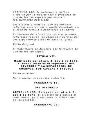 ARTICULO 152. El matrimonio civil se
disuelve por la muerte real o presunta de
uno de los cónyuges o por divorcio
judicialmente decretado
Los efectos civiles de todo matrimonio
religioso cesarán por divorcio decretado por
el juez de familia o promiscuo de familia.
En materia del vínculo de los matrimonios
religiosos regirán los cánones y normas del
correspondiente ordenamiento religioso.
Texto Original
El matrimonio se disuelve por la muerte de
uno de los cónyuges.
TITULO VII.
Modificado por el art. 2, Ley 1 de 1976.
El nuevo texto es el siguiente: DEL
DIVORCIO Y LA SEPARACION DE
CUERPOS, SUS CAUSAS Y EFECTOS
Texto anterior:
Del divorcio, sus causas y efectos.
PARAGRAFO 1o.
DEL DIVORCIO
ARTICULO 153 . Derogado por el art. 3,
Ley 1 de 1976 . El di vorci o no di suel ve el
matrimonio, pero suspende la vida común
de los casados.
PARAGRAFO 2o.

 