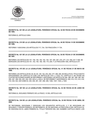 CÓDIGO CIVIL
FECHA DE ULTIMA REFORMA:
DEC. 80 P.O.103 BIS DEL 26 DE DICIEMBRE DE 2021.
355
----------------------------------------------------------------------------------------------------------------------------- -----------
DECRETO No. 441 DE LA LIX LEGISLATURA. PERIÓDICO OFICIAL No. 52 DE FECHA 29 DE DICIEMBRE
DE 1994.
REFORMA EL ARTÍCULO 2804.
----------------------------------------------------------------------------------------------------------------------------- -----------
DECRETO No. 215 DE LA LX LEGISLATURA. PERIÓDICO OFICIAL No. 48 DE FECHA 15 DE DICIEMBRE
DE 1996.
REFORMA Y ADICIONA LOS ARTÍCULOS 717, 724, 725 FRACCIÓN V Y 734.
----------------------------------------------------------------------------------------------------------------------------- -----------
DECRETO No. 421 DE LA LX LEGISLATURA. PERIÓDICO OFICIAL No. 50 DE FECHA 21 DE DICIEMBRE
DE 1997.
REFORMA LOS ARTÍCULOS 157, 158, 159, 160, 162, 164, 167, 264, 267, 270, 277, 312, 409, 421 Y 506. SE
DEROGAN LOS ARTÍCULOS 161, 163, 165, 166, 169, 170, 209, Y LA FRACCIÓN I DEL ARTÍCULO 277.
----------------------------------------------------------------------------------------------------------------------------- -----------
DECRETO No. 475 DE LA LX LEGISLATURA. PERIÓDICO OFICIAL No. 41 DE FECHA 21 DE MAYO DE
1998.
REFORMA LOS ARTÍCULOS 80, 82, 83, 84, 128, 152, 254, 262, 277, 288, 290, SE INCLUYE EL TÍTULO SEXTO
ADICIONANDO UN CAPÍTULO III CON LOS ARTÍCULOS 318-1 y 318-2; EL CAPÍTULO V SE DIVIDE EN
CUATRO SECCIONES DONDE SE REFORMAN Y ADICIONAN LOS ARTÍCULOS 385, 386, 387, 389, 390, 392,
394; 397, 398, 400, 403, 404, 405; 405-A, a 405-H. SE REFORMAN Y ADICIONAN EL 409, 412, 413, 414, 416,
418, 439, 442, ASÍ COMO EL 445, 459, 461, 487, 488, 489, 1496, 1497, 1504, y 1505.
----------------------------------------------------------------------------------------------------------------------------------------
DECRETO No. 507 DE LA LX LEGISLATURA. PERIÓDICO OFICIAL No. 52 DE FECHA 28 DE JUNIO DE
1998.
REFORMA EL SEGUNDO PÁRRAFO DE LA FRACC. IV DEL ARTÍCULO 439.
----------------------------------------------------------------------------------------------------------------------------------------
DECRETO No. 334 DE LA LXII LEGISLATURA. PERIÓDICO OFICIAL No. 32 DE FECHA 18 DE ABRIL DE
2004
SE REFORMAN, ADICIONAN Y DEROGAN LOS SIGUIENTES ARTÍCULOS: 2 Y SE ADICIONAN UN
SEGUNDO Y TERCER PÁRRAFO; SE REFORMA EL 29; SE ADICIONA LA FRACCIÓN VI DEL ARTÍCULO 32;
SE ADICIONA EN EL LIBRO PRIMERO EL TÍTULO TERCERO BIS, DEL NOMBRE CAPÍTULO ÚNICO, LOS
 