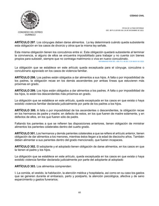 CÓDIGO CIVIL
FECHA DE ULTIMA REFORMA:
DEC. 80 P.O.103 BIS DEL 26 DE DICIEMBRE DE 2021.
48
ARTÍCULO 297. Los cónyuges deben darse alimentos. La ley determinará cuándo queda subsistente
esta obligación en los casos de divorcio y otros que la misma ley señale.
Esta misma obligación tienen los concubinos entre sí. Esta obligación quedará subsistente al terminar
la convivencia, si alguno de ellos se encuentra imposibilitado para trabajar y no cuenta con bienes
propios para subsistir, siempre que no contraiga matrimonio o viva en nuevo concubinato.
REFORMADO POR DEC. 309, P.O. 36 DEL 3 DE MAYO DE 2020.
La obligación que se establece en este artículo queda exceptuada para el cónyuge, concubina o
concubinario agraviado en los casos de violencia familiar.
ARTÍCULO 298. Los padres están obligados a dar alimentos a sus hijos. A falta o por imposibilidad de
los padres, la obligación recae en los demás ascendentes por ambas líneas que estuvieren más
próximas en grado.
ARTÍCULO 299. Los hijos están obligados a dar alimentos a los padres. A falta o por imposibilidad de
los hijos, lo están los descendentes más próximos en grado.
La obligación que se establece en este artículo, queda exceptuada en los casos en que exista o haya
existido violencia familiar declarada judicialmente por parte de los padres a los hijos.
ARTÍCULO 300. A falta o por imposibilidad de los ascendentes o descendientes, la obligación recae
en los hermanos de padre y madre; en defecto de estos, en los que fueren de madre solamente, y en
defectos de ellos, en los que fueren sólo de padre.
Faltando los parientes a que se refieren las disposiciones anteriores, tienen obligación de ministrar
alimentos los parientes colaterales dentro del cuarto grado.
ARTÍCULO 301. Los hermanos y demás parientes colaterales a que se refiere el artículo anterior, tienen
obligación de dar alimentos a los menores, mientras éstos llegan a la edad de dieciocho años. También
deben alimentar a sus parientes dentro del grado mencionado, que fueren incapaces.
ARTÍCULO 302. El adoptante y el adoptado tienen obligación de darse alimentos, en los casos en que
la tienen el padre y los hijos.
La obligación que se establece en este artículo, queda exceptuada en los casos en que exista o haya
existido violencia familiar declarada judicialmente por parte del adoptante al adoptado
ARTÍCULO 303. Los alimentos comprenden:
I. La comida, el vestido, la habitación, la atención médica y hospitalaria, así como en su caso los gastos
que se generen durante el embarazo, parto y postparto, la atención psicológica, afectiva y de sano
esparcimiento y gastos funerarios;
 