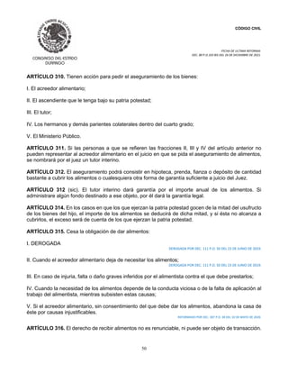 CÓDIGO CIVIL
FECHA DE ULTIMA REFORMA:
DEC. 80 P.O.103 BIS DEL 26 DE DICIEMBRE DE 2021.
50
ARTÍCULO 310. Tienen acción para pedir el aseguramiento de los bienes:
I. El acreedor alimentario;
II. El ascendiente que le tenga bajo su patria potestad;
III. El tutor;
IV. Los hermanos y demás parientes colaterales dentro del cuarto grado;
V. El Ministerio Público.
ARTÍCULO 311. Si las personas a que se refieren las fracciones II, III y IV del artículo anterior no
pueden representar al acreedor alimentario en el juicio en que se pida el aseguramiento de alimentos,
se nombrará por el juez un tutor interino.
ARTÍCULO 312. El aseguramiento podrá consistir en hipoteca, prenda, fianza o depósito de cantidad
bastante a cubrir los alimentos o cualesquiera otra forma de garantía suficiente a juicio del Juez.
ARTÍCULO 312 (sic). El tutor interino dará garantía por el importe anual de los alimentos. Si
administrare algún fondo destinado a ese objeto, por él dará la garantía legal.
ARTÍCULO 314. En los casos en que los que ejerzan la patria potestad gocen de la mitad del usufructo
de los bienes del hijo, el importe de los alimentos se deducirá de dicha mitad, y si ésta no alcanza a
cubrirlos, el exceso será de cuenta de los que ejerzan la patria potestad.
ARTÍCULO 315. Cesa la obligación de dar alimentos:
I. DEROGADA
DEROGADA POR DEC. 111 P.O. 50 DEL 23 DE JUNIO DE 2019.
II. Cuando el acreedor alimentario deja de necesitar los alimentos;
DEROGADA POR DEC. 111 P.O. 50 DEL 23 DE JUNIO DE 2019.
III. En caso de injuria, falta o daño graves inferidos por el alimentista contra el que debe prestarlos;
IV. Cuando la necesidad de los alimentos depende de la conducta viciosa o de la falta de aplicación al
trabajo del alimentista, mientras subsisten estas causas;
V. Si el acreedor alimentario, sin consentimiento del que debe dar los alimentos, abandona la casa de
éste por causas injustificables.
REFORMADO POR DEC. 307 P.O. 38 DEL 10 DE MAYO DE 2020.
ARTÍCULO 316. El derecho de recibir alimentos no es renunciable, ni puede ser objeto de transacción.
 