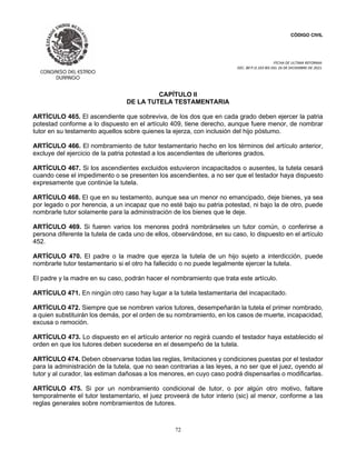 CÓDIGO CIVIL
FECHA DE ULTIMA REFORMA:
DEC. 80 P.O.103 BIS DEL 26 DE DICIEMBRE DE 2021.
72
CAPÍTULO II
DE LA TUTELA TESTAMENTARIA
ARTÍCULO 465. El ascendiente que sobreviva, de los dos que en cada grado deben ejercer la patria
potestad conforme a lo dispuesto en el artículo 409, tiene derecho, aunque fuere menor, de nombrar
tutor en su testamento aquellos sobre quienes la ejerza, con inclusión del hijo póstumo.
ARTÍCULO 466. El nombramiento de tutor testamentario hecho en los términos del artículo anterior,
excluye del ejercicio de la patria potestad a los ascendientes de ulteriores grados.
ARTÍCULO 467. Si los ascendientes excluidos estuvieron incapacitados o ausentes, la tutela cesará
cuando cese el impedimento o se presenten los ascendientes, a no ser que el testador haya dispuesto
expresamente que continúe la tutela.
ARTÍCULO 468. El que en su testamento, aunque sea un menor no emancipado, deje bienes, ya sea
por legado o por herencia, a un incapaz que no esté bajo su patria potestad, ni bajo la de otro, puede
nombrarle tutor solamente para la administración de los bienes que le deje.
ARTÍCULO 469. Si fueren varios los menores podrá nombrárseles un tutor común, o conferirse a
persona diferente la tutela de cada uno de ellos, observándose, en su caso, lo dispuesto en el artículo
452.
ARTÍCULO 470. El padre o la madre que ejerza la tutela de un hijo sujeto a interdicción, puede
nombrarle tutor testamentario si el otro ha fallecido o no puede legalmente ejercer la tutela.
El padre y la madre en su caso, podrán hacer el nombramiento que trata este artículo.
ARTÍCULO 471. En ningún otro caso hay lugar a la tutela testamentaria del incapacitado.
ARTÍCULO 472. Siempre que se nombren varios tutores, desempeñarán la tutela el primer nombrado,
a quien substituirán los demás, por el orden de su nombramiento, en los casos de muerte, incapacidad,
excusa o remoción.
ARTÍCULO 473. Lo dispuesto en el artículo anterior no regirá cuando el testador haya establecido el
orden en que los tutores deben sucederse en el desempeño de la tutela.
ARTÍCULO 474. Deben observarse todas las reglas, limitaciones y condiciones puestas por el testador
para la administración de la tutela, que no sean contrarias a las leyes, a no ser que el juez, oyendo al
tutor y al curador, las estiman dañosas a los menores, en cuyo caso podrá dispensarlas o modificarlas.
ARTÍCULO 475. Si por un nombramiento condicional de tutor, o por algún otro motivo, faltare
temporalmente el tutor testamentario, el juez proveerá de tutor interio (sic) al menor, conforme a las
reglas generales sobre nombramientos de tutores.
 