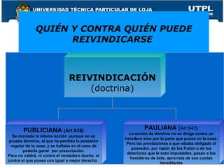 QUIÉN Y CONTRA QUIÉN PUEDE REIVINDICARSE  REIVINDICACIÓN (doctrina) PUBLICIANA  (Art.938) Se concede la misma acción ,aunque no se pruebe dominio, al que ha perdido la posesión regular de la cosa, y se hallaba en el caso de poderla ganar  por prescripción. Pero no valdrá, ni contra el verdadero dueño, ni contra el que posea con igual o mejor derecho  PAULIANA  ( Art.943) La acción de dominio no se dirige contra un heredero sino por la parte que posea en la cosa. Pero las prestaciones a que estaba obligado el poseedor, por razón de los frutos o de los deterioros que le eran imputables, pasan a los herederos de éste, aprorrata de sus cuotas hereditarias 
