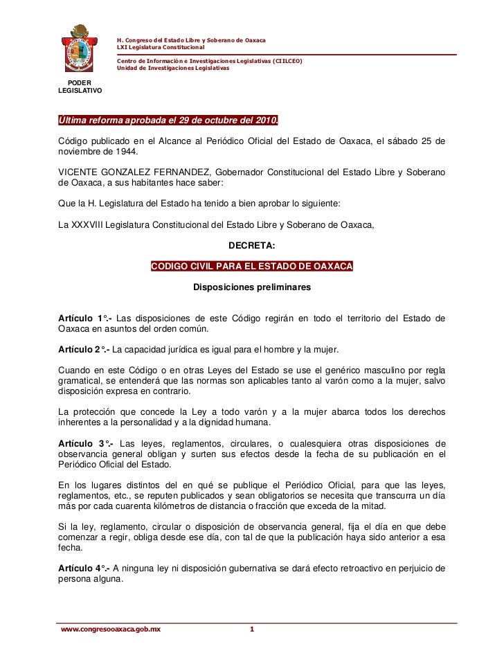 Codigo civil para el estado de oaxaca