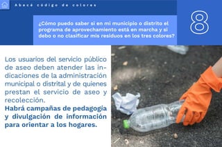 A b e c é c ó d i g o d e c o l o r e s
8
¿Cómo puedo saber si en mi municipio o distrito el
programa de aprovechamiento está en marcha y si
debo o no clasificar mis residuos en los tres colores?
Los usuarios del servicio público
de aseo deben atender las in-
dicaciones de la administración
municipal o distrital y de quienes
prestan el servicio de aseo y
recolección.
Habrá campañas de pedagogía
y divulgación de información
para orientar a los hogares.
 