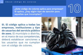 A b e c é c ó d i g o d e c o l o r e s
10
¿Este código de colores aplica para empresas?
Si aplica, ¿hay algún tipo de sanción para
aquellas que incumplan?
Si. El código aplica a todas las
empresas, instituciones y tipo
de usuarios del servicio público
de aseo. El municipio o distrito,
en el marco de sus competencias,
deberá establecer sanciones a
los usuarios que no cumplan
con el código de colores.
 