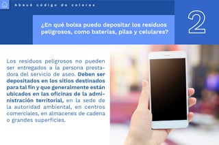 A b e c é c ó d i g o d e c o l o r e s
2
¿En qué bolsa puedo depositar los residuos
peligrosos, como baterías, pilas y celulares?
Los residuos peligrosos no pueden
ser entregados a la persona presta-
dora del servicio de aseo. Deben ser
depositados en los sitios destinados
para tal fin y que generalmente están
ubicados en las oficinas de la admi-
nistración territorial, en la sede de
la autoridad ambiental, en centros
comerciales, en almacenes de cadena
o grandes superficies.
 