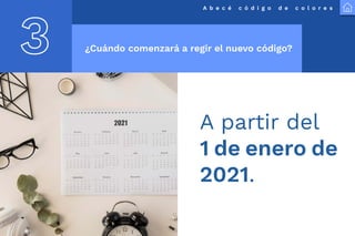 A b e c é c ó d i g o d e c o l o r e s
3 ¿Cuándo comenzará a regir el nuevo código?
A partir del
1 de enero de
2021.
 