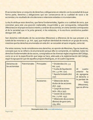 Descargado desde el sitio www.bolivianland.net
Página 252
El accionista tiene un conjunto de derechos y obligaciones en relación con la sociedad de la que
forma parte, derechos y obligaciones que son consecuencia de su cualidad de socio o de
accionista y no resultado de vinculaciones o relaciones aisladas o circunstanciales.
La ley le atribuye esos derechos, que llama fundamentales, ligados a su cualidad de socio, que
concretan para este una posición inalienable, insuprimible y, por consiguiente, indisponible
(Messineo) en el propio exclusivo interés y carácter de accionista, en cierto sentido contrapuesto
al de la sociedad que ni la junta general, ni los estatutos, ni la escritura constitutiva pueden
derogar (Art. 278).
Son derechos individuales de los accionistas (Messineo) a diferencia de los que proveen a la
tutela de las minorías (v. gr. Art. 290), que implican identidad de interés en un grupo de socios,
mientras que los derechos enumerados en este Art. se conceden al socio singular, como tal.
Por estas razones, ha de considerarse esos derechos, en opinión de Messineo, figuras taxativas,
concepto que no se refiere a la enumeración porque ella no comprende, en realidad, todos los
derechos fundamentales de los socios, consignados en las diversas reglas singulares del Código,
como se ve en la especificación que luego se hace, adecuada a la reglamentación del Código,
según la agrupación que de aquellos propone Rodríguez, en el cuadro siguiente:
Al cuadro
anterior ha
de agregarse
el derecho a
la paridad de
trato
(Messineo),
que se afirma
Derechos de
los accionistas
Patrimoniales Principales * Dividendos (inc. 3 y
Art. 270).
* Cuota de liquidación
(inc. 4 y Art. 271).
* Aporte limitado (Art.
217).
Accesorios * Obtención de los
títulos de las acciones
(Art. 239).
* Canje de acciones
(arts. 265 y 355).
* Cesión de acciones
(inc. 7 y Art. 253).
* Obtención de acciones
(Bonos) de goce (arts.
279, 282).
 