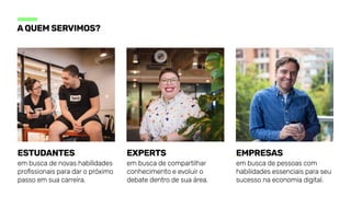 A QUEM SERVIMOS?
ESTUDANTES Experts Empresas
em busca de novas habilidades
profissionais para dar o próximo
passo em sua carreira.
em busca de compartilhar
conhecimento e evoluir o
debate dentro de sua área.
em busca de pessoas com
habilidades essenciais para seu
sucesso na economia digital.
 