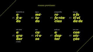 #1 #2 #3 #4
#5 #6 #7 #8
re
fe rên
cias
a
ﬁ a
do
mé
to
do
e fe
ti vi
da de
a
gra
dar
cu
ri o
so
a
dap
tar
con
vic
ção
mantenha-se siga o compartilhe busque
não tente seja saiba se erre com
a todos
nossas premissas:
 