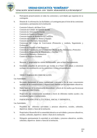 UNIDAD EDUCATIVA “RUMIÑAHUI”
“EDUCACIÓN RENOVADORA CON VISIÓN HUMANÍSTICA Y TECNOLÓGICA”
32
a. Participarán proactivamente en todas las comisiones y actividades que requieran de su
contingente
b. Dotarán de la información, las facilidades y el contingente para el éxito de las comisiones
ocasionales y permanentes de la institución:
• Comisión Cultural y del Buen Vivir.
• Comisión de Calidad del Servicio del Bar
• Comisión de Alimentación Escolar
• Comisión de Gestión de Riesgos
• Comisión Interna de Resolución de Conflictos
• Comisión del Cuidado de Bienes y Equipos
• Comisión de Urbanidad y Saneamiento
• Comisiones del Código de Convivencia (Promoción y veeduría, Seguimiento y
Evaluación)
• Comisión de Deportes (Club Deportivo)
• Comisión de Vinculación con la Comunidad (Banda de Paz, Bastoneras y Protocolo)
• Comisión de Designación de Abanderados y Escoltas
• Comisión de Manuales e Instructivos
• Comité de Proyectos Escolares
c. Buscarán y propiciarán los valores institucionales para su buen funcionamiento.
d. Generarán campañas de prevención que incidan en el buen vivir, salud, y conciencia
ecológica en coordinación con las comisiones o áreas correspondientes.
2. TIPOS Y FORMAS DE COMUNICACIÓN
Las Autoridades:
a. Revisarán diariamente el correo institucional y personal a fin de tener conocimiento
oportuno de las comunicaciones y disposiciones emitidas por las autoridades educativas.
b. Harán buen uso de la comunicación descendente a través de los medios que favorezcan
la cultura de CERO PAPEL.
c. Propiciarán una comunicación ascendente a través de diferentes medios acorde a las
necesidades legales e institucionales.
3. PARTICIPACIÓN CÍVICA, CULTURAL, SOCIAL Y DEPORTIVA
Las Autoridades:
a. Presidirán las diferentes actividades y procesos educativos, sociales, culturales,
deportivos dentro o fuera de la institución.
b. Propiciarán el desarrollo de la comunidad educativa en actividades y procesos educativos,
sociales, culturales, deportivos dentro o fuera de la institución.
c. Delegarán oportunamente la autoridad en actividades y procesos educativos, sociales,
culturales, deportivos dentro o fuera de la institución.
 