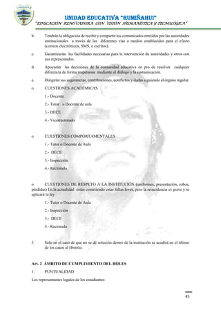 UNIDAD EDUCATIVA “RUMIÑAHUI”
“EDUCACIÓN RENOVADORA CON VISIÓN HUMANÍSTICA Y TECNOLÓGICA”
45
b. Tendrán la obligación de recibir y compartir los comunicados emitidos por las autoridades
institucionales a través de las diferentes vías o medios establecidos para el efecto
(correos electrónicos, SMS, o escritos).
c. Garantizarán las facilidades necesarias para la intervención de autoridades y otros con
sus representados.
d. Apoyarán las decisiones de la comunidad educativa en pro de resolver cualquier
diferencia de forma respetuosa mediante el diálogo y la comunicación.
e. Dirigirán sus sugerencias, contribuciones, conflictos y dudas siguiendo el órgano regular.
o CUESTIONES ACADÉMICAS
1.- Docente
2.- Tutor o Docente de aula
3.- DECE
4.- Vicerrectorado
o CUESTIONES COMPORTAMENTALES
1.- Tutor o Docente de Aula
2.- DECE
3.- Inspección
4.- Rectorado
o CUESTIONES DE RESPETO A LA INSTITUCIÓN (uniformes, presentación, robos,
pérdidas) En la actualidad están cometiendo estas faltas leves, pero la reincidencia es grave y se
aplicará la ley
1.- Tutor o Docente de Aula
2.- Inspección
3.- DECE
4.- Rectorado
f. Solo en el caso de que no se dé solución dentro de la institución se acudirá en el último
de los casos al Distrito.
Art. 2 ÁMBITO DE CUMPLIMIENTO DEL ROLES
1. PUNTUALIDAD
Los representantes legales de los estudiantes:
 