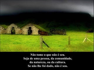 Não tome o que não é seu.  Seja de uma pessoa, da comunidade,  da natureza, ou da cultura.  Se não lhe foi dado, não é seu.   