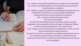 VI - receber remuneração, gratificação ou qualquer outro beneficio
por valores vinculados à glosa ou ao sucesso da causa, quando na
função de perito ou auditor;
VII - realizar ou exigir procedimentos prejudiciais aos pacientes e ao
profissional, contrários às normas de Vigilância Sanitária,
exclusivamente para fins de auditoria ou perícia; e,
VIII - exercer a função de perito, quando:
a) for parte interessada;
b) tenha tido participação como mandatário da parte, ou sido
designado como assistente técnico de órgão do Ministério Público,
ou tenha prestado depoimento como testemunha;
c) for cônjuge ou a parte for parente, consanguíneo ou afim, em linha
reta ou colateral até o segundo grau; e,
d) a parte for paciente, ex-paciente ou qualquer pessoa que tenha ou
teve relações sociais, afetivas, comerciais ou administrativas,
capazes de comprometer o caráter de imparcialidade do ato pericial
ou da auditagem.
 