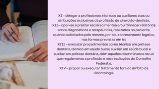 XI - delegar a profissionais técnicos ou auxiliares atos ou
atribuições exclusivas da profissão de cirurgião-dentista;
XII - opor-se a prestar esclarecimentos e/ou fornecer relatórios
sobre diagnósticos e terapêuticas, realizados no paciente,
quando solicitados pelo mesmo, por seu representante legal ou
nas formas previstas em lei;
XIII - executar procedimentos como técnico em prótese
dentária, técnico em saúde bucal, auxiliar em saúde bucal e
auxiliar em prótese dentária, além aqueles discriminados na Lei
que regulamenta a profissão e nas resoluções do Conselho
Federal; e,
XIV - propor ou executar tratamento fora do âmbito da
Odontologia.
 