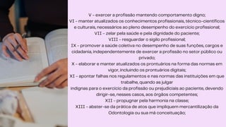 V - exercer a profissão mantendo comportamento digno;
VI - manter atualizados os conhecimentos profissionais, técnico-científicos
e culturais, necessários ao pleno desempenho do exercício profissional;
VII - zelar pela saúde e pela dignidade do paciente;
VIII - resguardar o sigilo profissional;
IX - promover a saúde coletiva no desempenho de suas funções, cargos e
cidadania, independentemente de exercer a profissão no setor público ou
privado;
X - elaborar e manter atualizados os prontuários na forma das normas em
vigor, incluindo os prontuários digitais;
XI - apontar falhas nos regulamentos e nas normas das instituições em que
trabalhe, quando as julgar
indignas para o exercício da profissão ou prejudiciais ao paciente, devendo
dirigir-se, nesses casos, aos órgãos competentes;
XII - propugnar pela harmonia na classe;
XIII - abster-se da prática de atos que impliquem mercantilização da
Odontologia ou sua má conceituação;
 