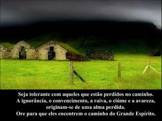 Seja tolerante com aqueles que estão perdidos no caminho.  A ignorância, o convencimento, a raiva, o ciúme e a avareza,  originam-se de uma alma perdida.  Ore para que eles encontrem o caminho do Grande Espírito.   