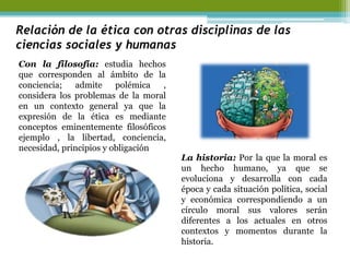 Relación de la ética con otras disciplinas de las ciencias sociales y humanas 
Con la filosofía: estudia hechos que corresponden al ámbito de la conciencia; admite polémica , considera los problemas de la moral en un contexto general ya que la expresión de la ética es mediante conceptos eminentemente filosóficos ejemplo , la libertad, conciencia, necesidad, principios y obligación 
La historia: Por la que la moral es un hecho humano, ya que se evoluciona y desarrolla con cada época y cada situación política, social y económica correspondiendo a un círculo moral sus valores serán diferentes a los actuales en otros contextos y momentos durante la historia. 
 