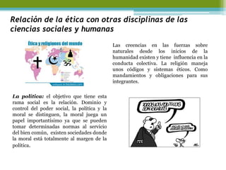 Relación de la ética con otras disciplinas de las ciencias sociales y humanas 
Las creencias en las fuerzas sobre naturales desde los inicios de la humanidad existen y tiene influencia en la conducta colectiva. La religión maneja unos códigos y sistemas éticos. Como mandamientos y obligaciones para sus integrantes. 
La política: el objetivo que tiene esta rama social es la relación. Dominio y control del poder social, la política y la moral se distinguen, la moral juega un papel importantísimo ya que se pueden tomar determinadas normas al servicio del bien común, existen sociedades donde la moral está totalmente al margen de la política. 
 
