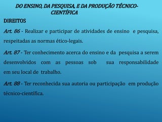 DO ENSINO, DA PESQUISA, E DA PRODUÇÃO TÉCNICO-
CIENTÍFICA
DIREITOS
Art. 86 - Realizar e participar de atividades de ensino e pesquisa,
respeitadas as normas ético-legais.
Art. 87 - Ter conhecimento acerca do ensino e da pesquisa a serem
desenvolvidos com as pessoas sob sua responsabilidade
em seu local de trabalho.
Art. 88 - Ter reconhecida sua autoria ou participação em produção
técnico-científica.
 