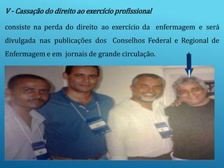 V - Cassação do direito ao exercício profissional
consiste na perda do direito ao exercício da enfermagem e será
divulgada nas publicações dos Conselhos Federal e Regional de
Enfermagem e em jornais de grande circulação.
 