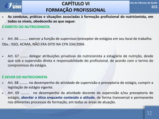 Escola de Ciências da Saúde
ECS
32
CAPÍTULO VI
FORMAÇÃO PROFISSIONAL
• As condutas, práticas e situações associadas à formação profissional do nutricionista, em
todos os níveis, obedecerão ao que segue:
É DIREITO DO NUTRICIONISTA
• Art. 66 ......... exercer a função de supervisor/preceptor de estágios em seu local de trabalho.
Obs.: ISSO, ACIMA, NÃO ERA DITO NA CFN 334/2004.
• Art. 67 ........ delegar atribuições privativas do nutricionista a estagiário de nutrição, desde
que sob a supervisão direta e responsabilidade do profissional, de acordo com o termo de
compromisso do estágio.
É DEVER DO NUTRICIONISTA
• Art. 68 ......... no desempenho de atividade de supervisão e preceptoria de estágio, cumprir a
legislação de estágio vigente.
• Art. 69 ......... no desempenho da atividade docente de supervisão e/ou preceptoria de
estágio, abordar a ética enquanto conteúdo e atitude, de forma transversal e permanente
nos diferentes processos de formação, em todas as áreas de atuação.
 